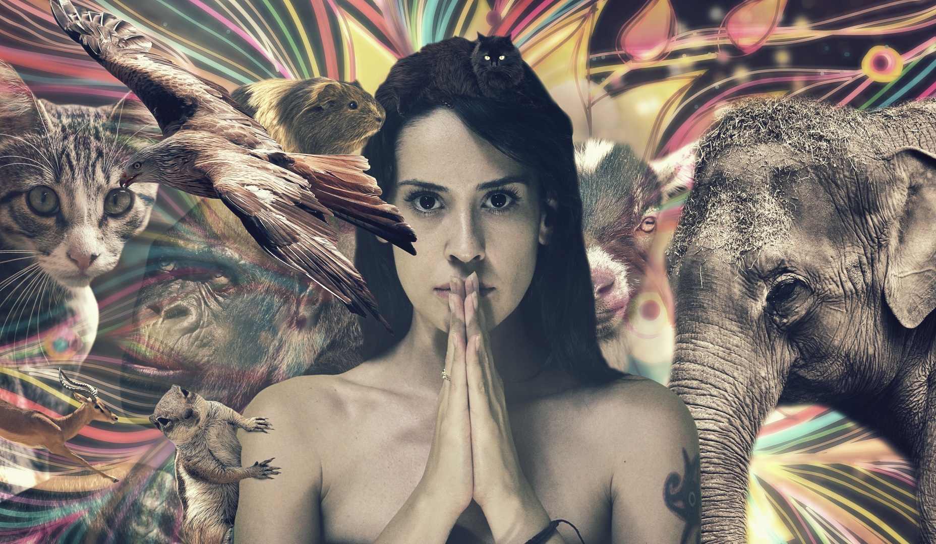Mädchen im Jungel, Vogel, Elefant und Namasté