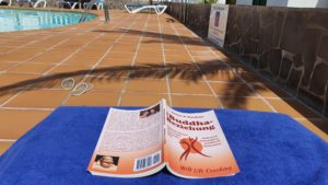 Buddha-Beziehung Taschenbuch auf der Liege am Pool