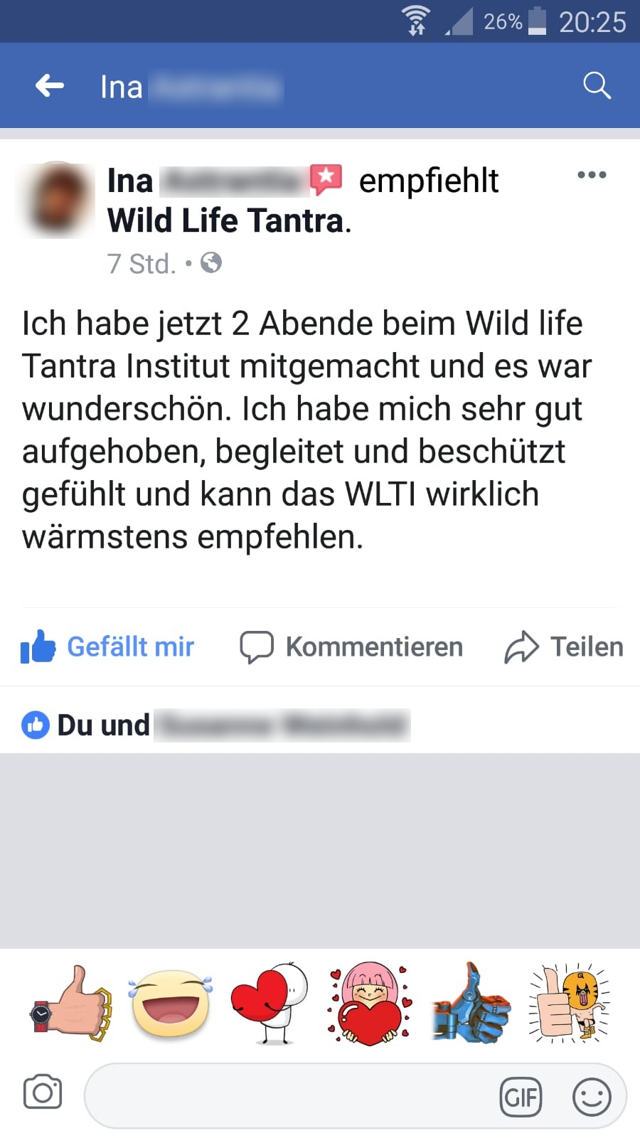 Testemonial Kundenmeinung Feedback Facebook Wild Life Touch Erlebnisabend Tantra Tantramassage Workshop Ritual Kreisritual