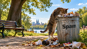Katze wühlt in der Spam-Tonne